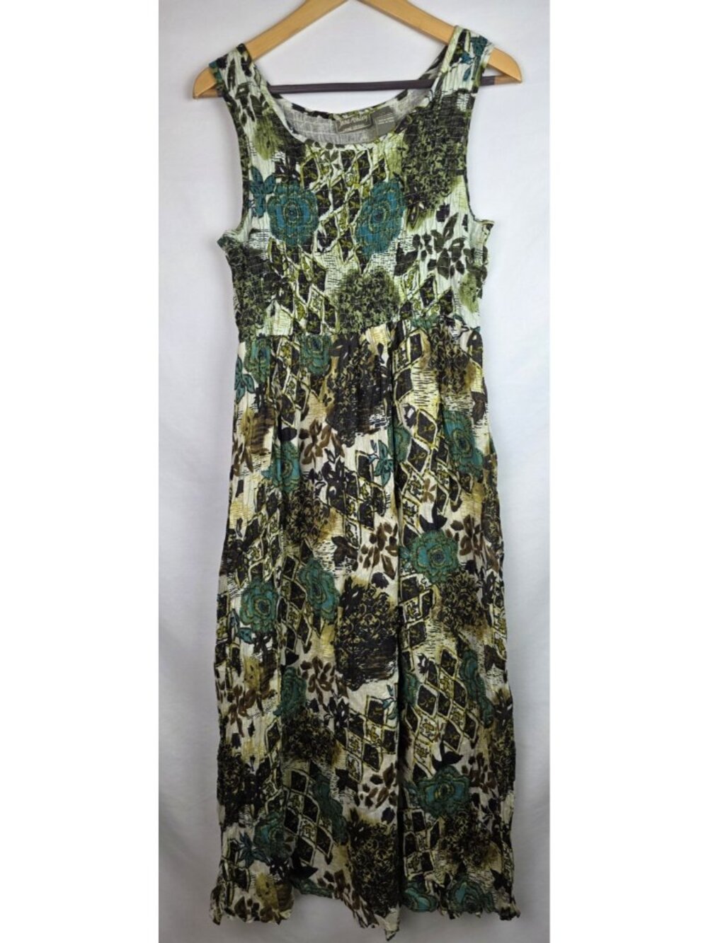 Jane Ashley Dress Women's Size Large Green Floral Crinkle Sleeveless Midi Dress